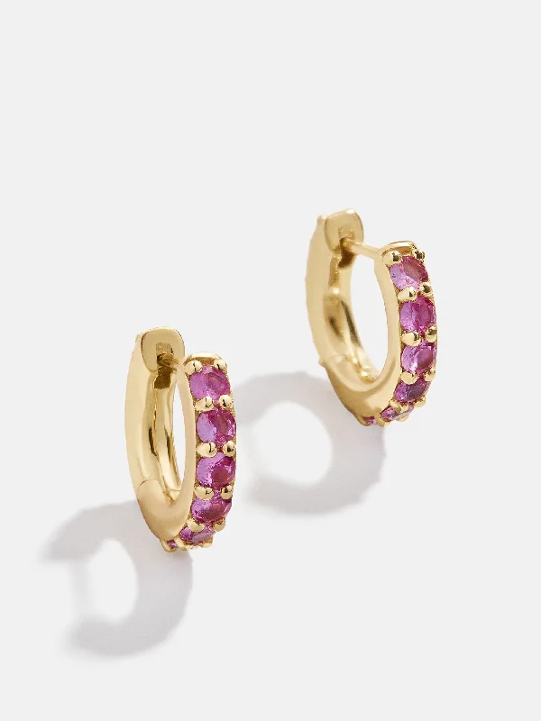 Hoop earrings with colorful beads for a fun and playful vibe-18K Gold Birthstone Huggie Earrings - Rose