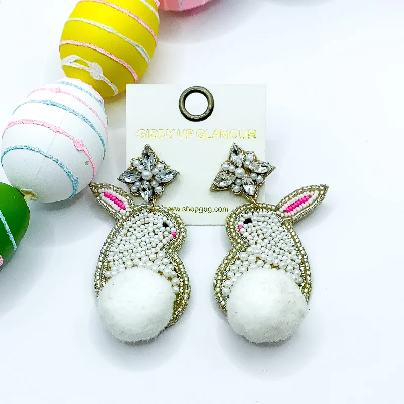 Hoop earrings with open designs for a modern, lighthearted vibe-Beaded Bunny Rabbit Earrings with a Puff Ball Tail in White