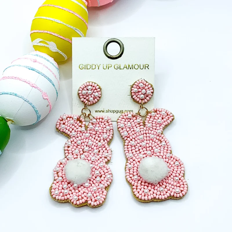 Best hoop earrings with snake chain details for a sleek and modern touch-Beaded Bunny Rabbit Earrings with White Beaded Print in Baby Pink