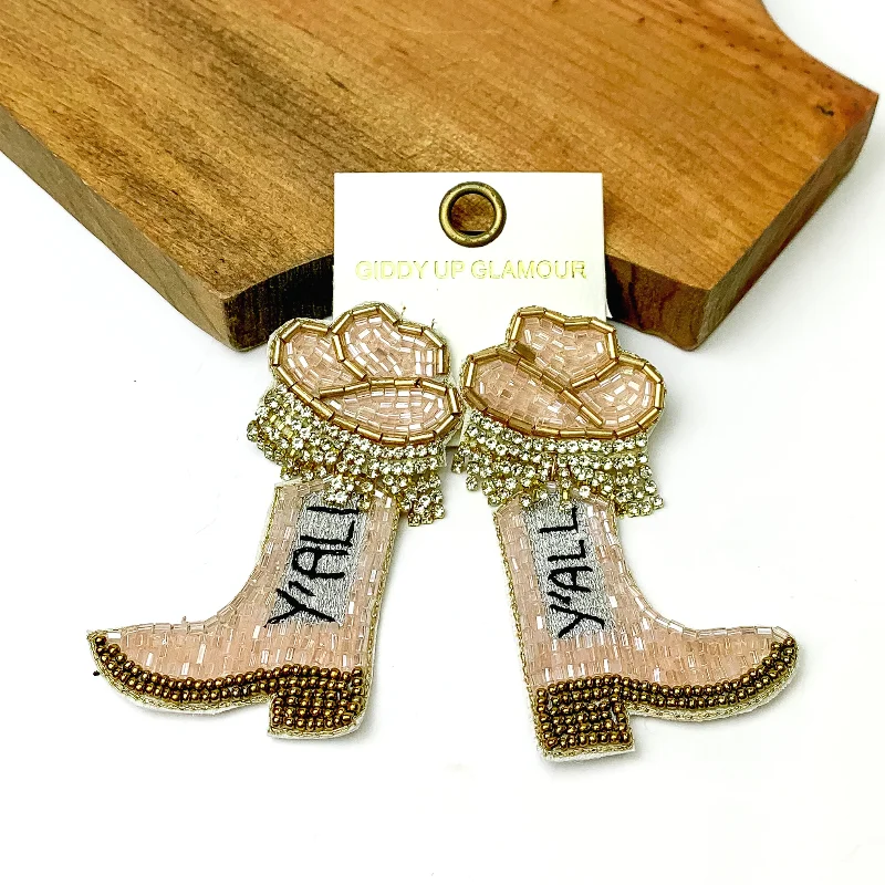 Hoop earrings with tortoiseshell designs for a chic and classic style-Beaded Cowboy Hat and Boot Earrings in Pale Pink and Gold Tone with Clear Crystal