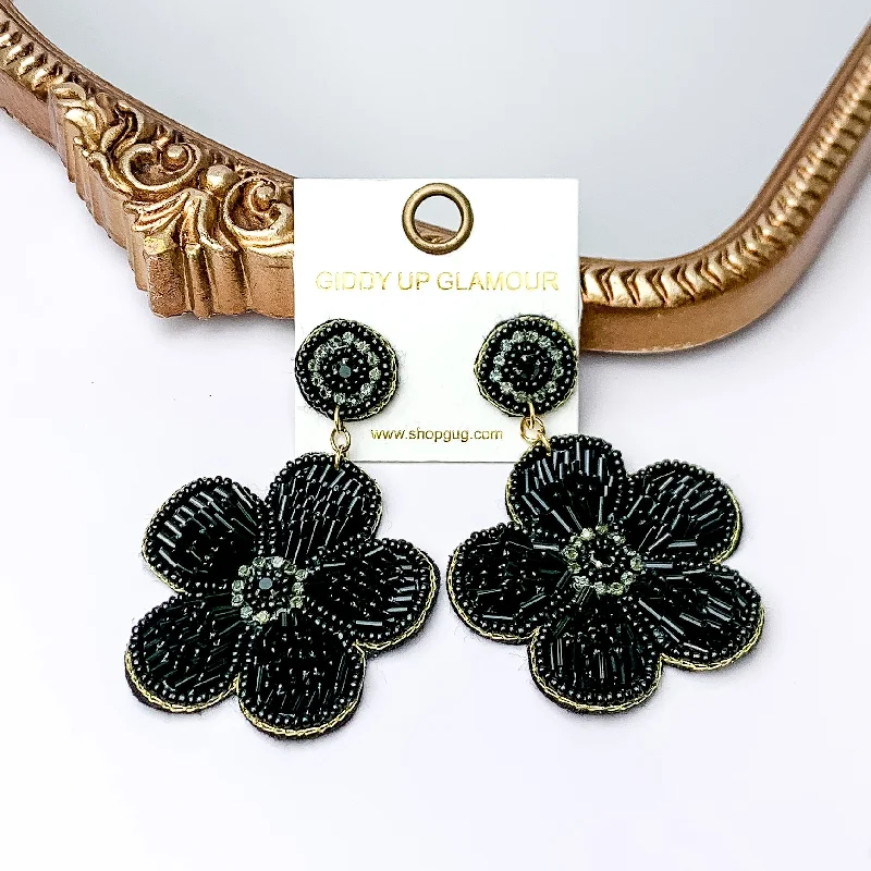 Best hoop earrings with intricate beaded details for a textured, stylish appearance-Beaded Flower Earrings in Black with Crystal Stones