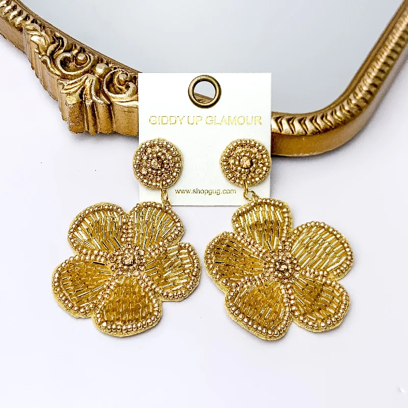 Hoop earrings with intricate designs for a unique and artistic appearance-Beaded Flower Earrings in Gold with Crystal Stones