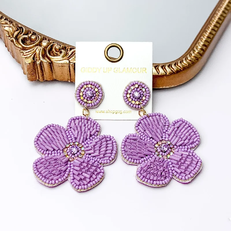 Best hoop earrings with sterling silver for an affordable and chic design-Beaded Flower Earrings in Lavender with Crystal Stones