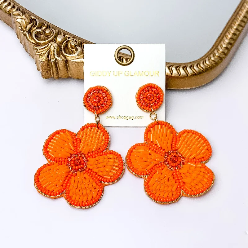 Hoop earrings with hammered textures for a boho-chic and rustic vibe-Beaded Flower Earrings in Orange with Crystal Stones