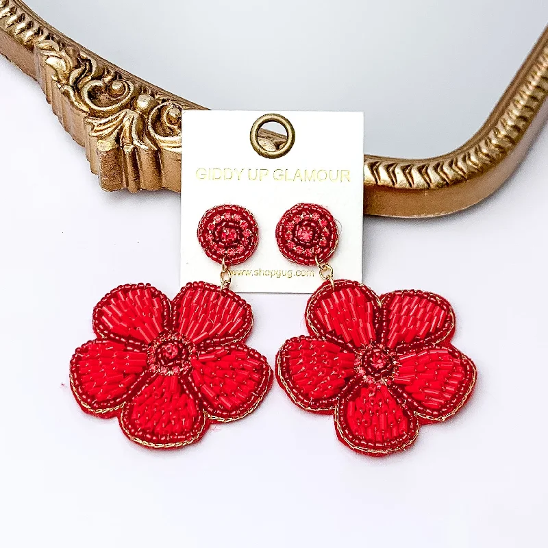 Classic hoop earrings with a thin profile for a sleek and subtle style-Beaded Flower Earrings in Red with Crystal Stones