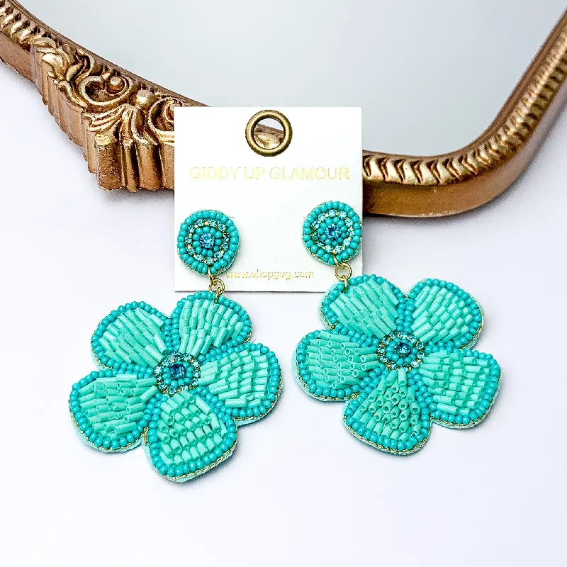 Hoop earrings with cut-out designs for a creative and lightweight effect-Beaded Flower Earrings in Turquoise with Crystal Stones