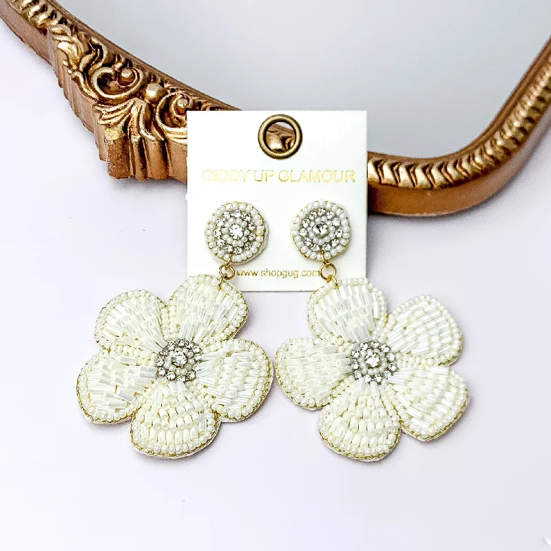 Stylish hoop earrings with diamond accents for an elegant and sparkling effect-Beaded Flower Earrings in White with Crystal Stones