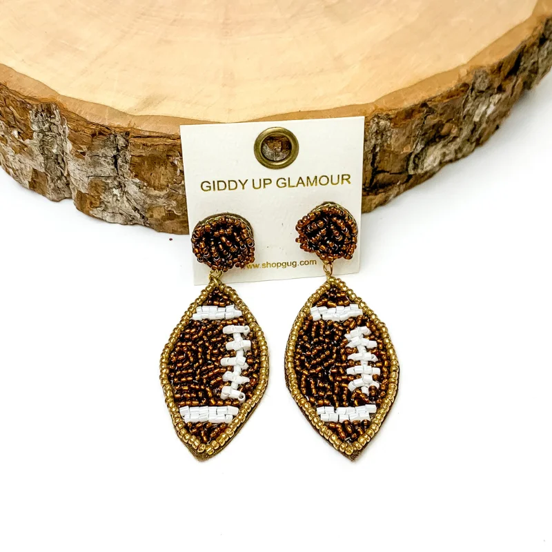 Best hoop earrings with custom designs for a personalized, unique accessory-Beaded Football Earrings in Brown and White