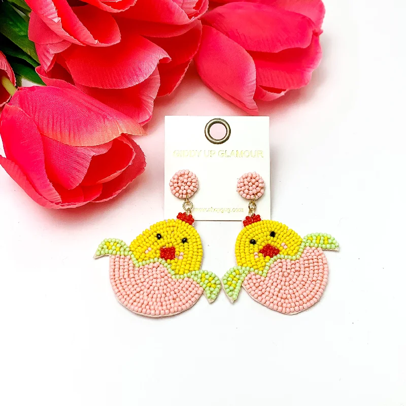 Hoop earrings with stacked layers for a bold and textured design-Beaded Hatching Chick Easter Earrings in Light Pink