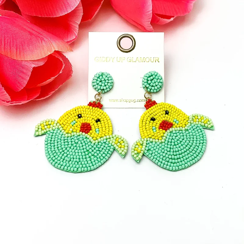 Best hoop earrings with geometric hexagon shapes for a modern, angular look-Beaded Hatching Chick Easter Earrings in Mint