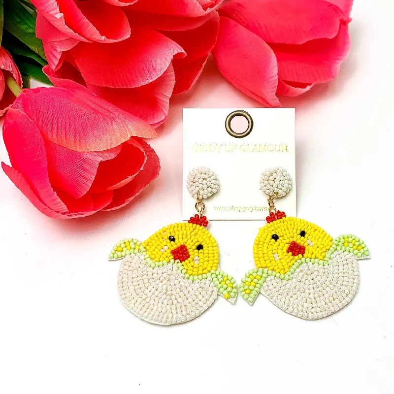 Hoop earrings with enamel stripes for a colorful and eye-catching design-Beaded Hatching Chick Easter Earrings in White