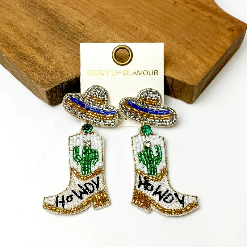 Hoop earrings with twisted leather for a chic and modern boho look-Beaded Sombrero Hat and Boot Earrings in White Multi