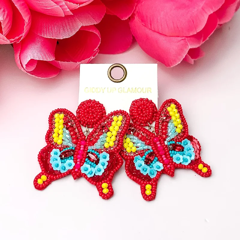 Hoop earrings with abstract wirework for an artistic, unique look-Beaded Summertime Butterfly Earrings in Red, Yellow, and Blue