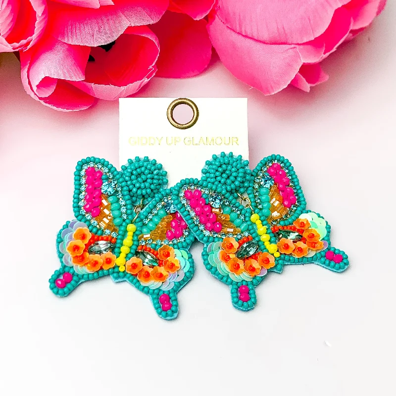 Hoop earrings with colorful beads for a fun and playful vibe-Beaded Summertime Butterfly Earrings in Teal, Pink, and Orange