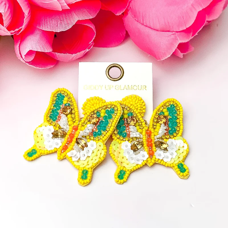 Hoop earrings with circle designs for a classic and timeless shape-Beaded Summertime Butterfly Earrings in Yellow, Blue, and Orange