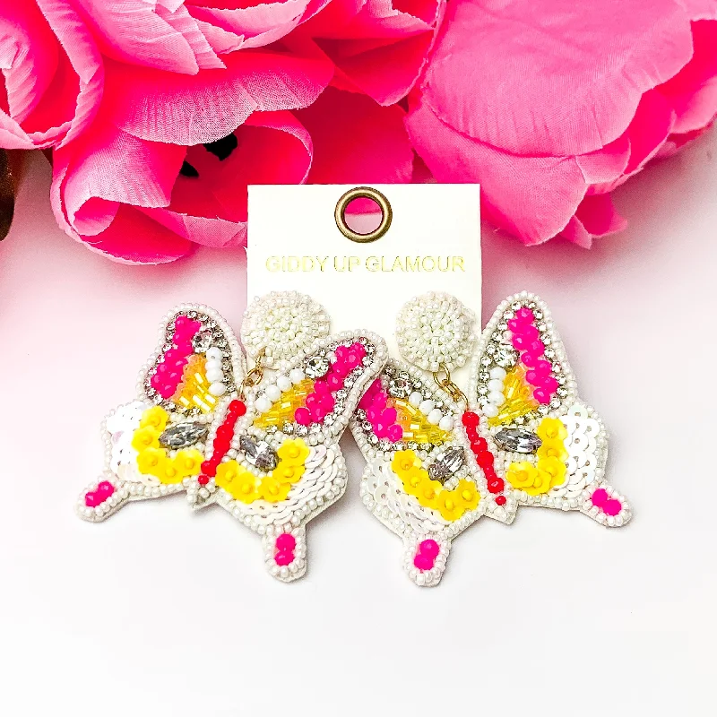 Hoop earrings with gold accents for a warm, elegant statement piece-Beaded Summertime Butterfly Earrings in White, Pink, and Yellow