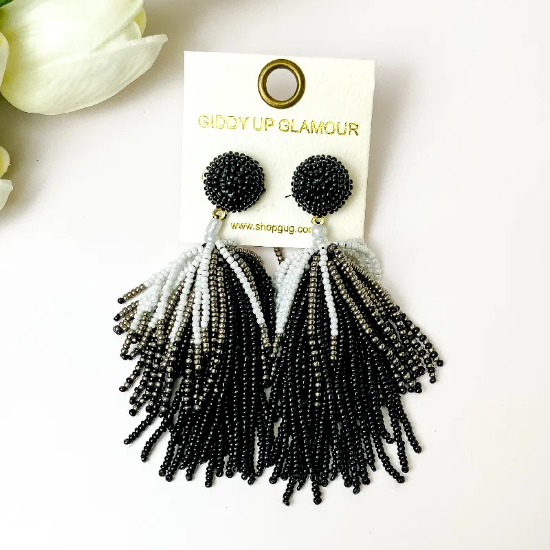 Best hoop earrings with marbled designs for a trendy and artistic effect-Beaded Tassel Earrings in Black, White, and Silver Tone