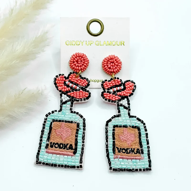 Best hoop earrings with geometric triangle shapes for a modern, chic design-Beaded Vodka Bottle with Pink Cowboy Hat in Light Blue