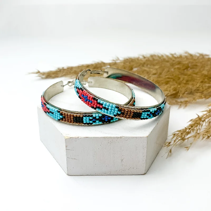 Hoop earrings with hammered textures for a boho-chic and rustic vibe-Blue Multicolored Plains Native Beaded Hoop Earrings