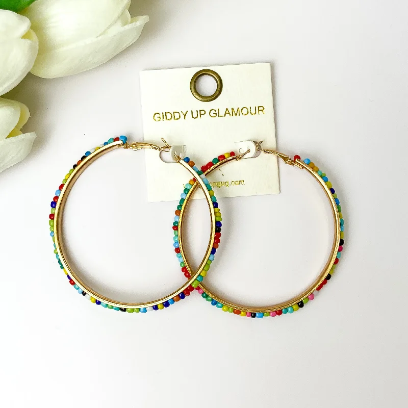 Hoop earrings with oversized pearl accents for a statement-making look-Buy 3 For $10 | Large Gold Tone Hoop Earrings with Multi Color Beads