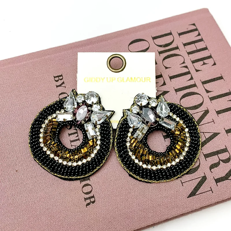 Best hoop earrings with baroque pearls for a luxurious and elegant vibe-Circle Beaded Post Earrings with Jeweled Detailing in Black