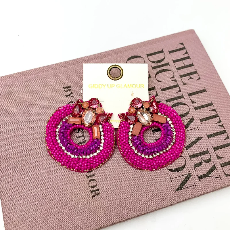 Best hoop earrings with custom designs for a personalized, unique accessory-Circle Beaded Post Earrings with Jeweled Detailing in Pink