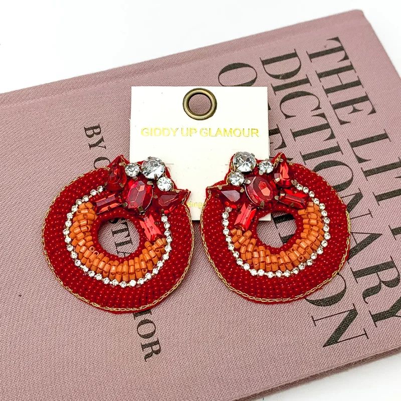 Best hoop earrings with delicate chain details for a trendy and stylish design-Circle Beaded Post Earrings with Jeweled Detailing in Red