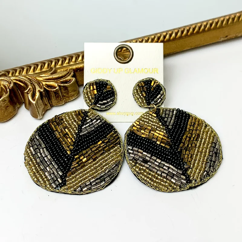 Hoop earrings with abstract wirework for an artistic, unique look-Circle Drop Accent Beaded Earrings in Black and Gold Tone