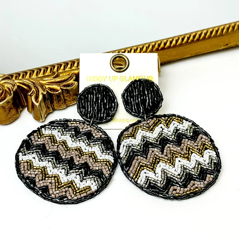 Hoop earrings with pearl accents for a chic and classic style-Circle Drop Beaded Earrings with Chevron Pattern in Black Multi