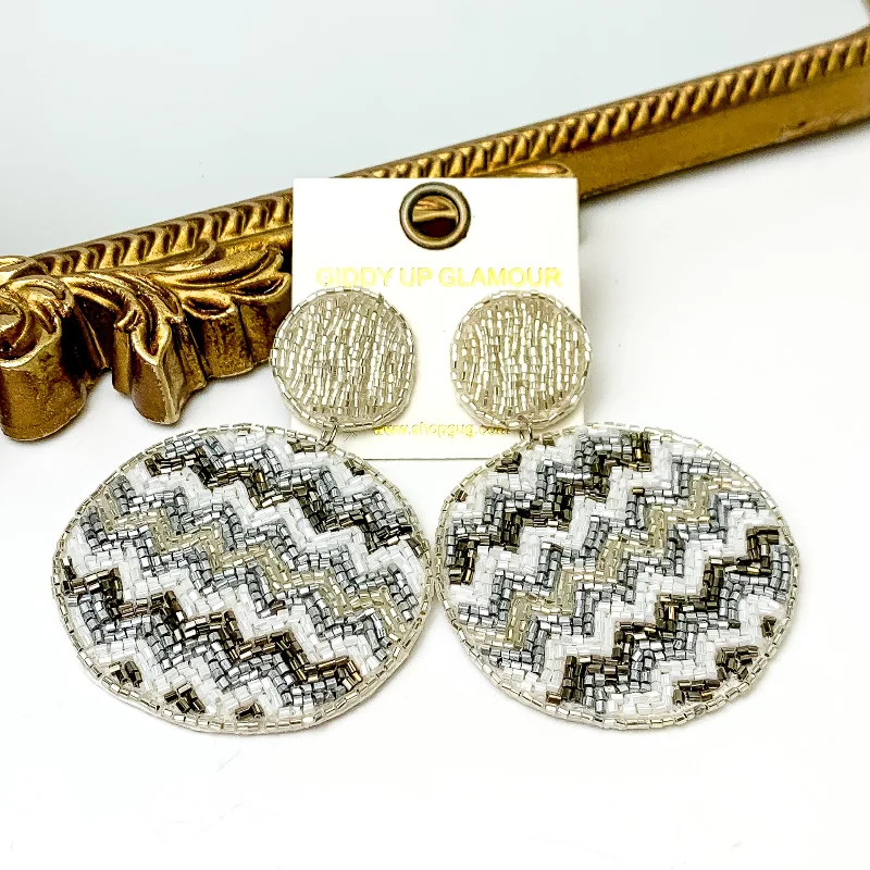 Hoop earrings with a chunky design for a bold and trendy statement-Circle Drop Beaded Earrings with Chevron Pattern in Silver Multi