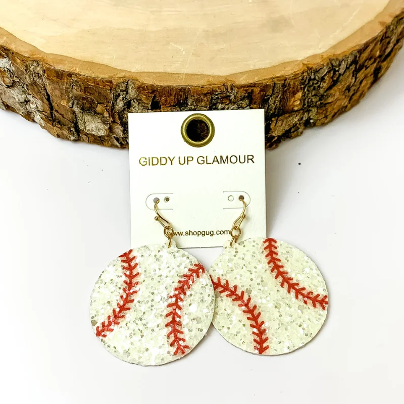 Hoop earrings with abstract wirework for an artistic, unique look-Circle Drop Glitter Baseball Earrings in White