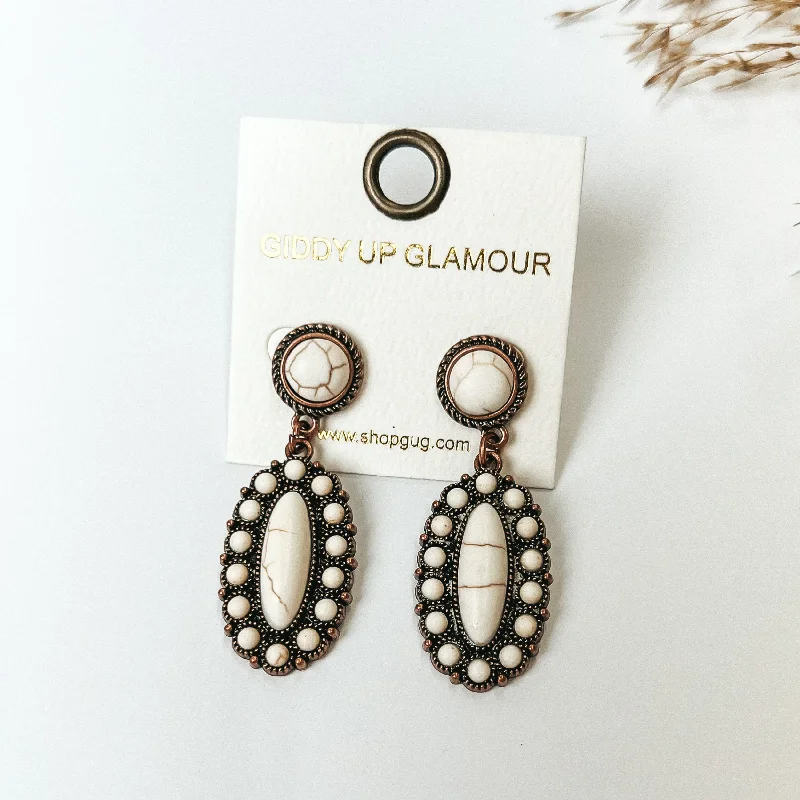 Hoop earrings with rhinestone embellishments for a glamorous and sparkling look-Copper Tone Circle Post Earrings with Oval Cluster Drop with Ivory Stones