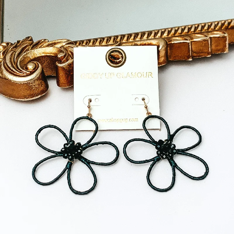 Hoop earrings with twisted metal designs for a dynamic and modern style-Daisy Delight Raffia Wrapped Flower Earrings with Crystal Center in Black