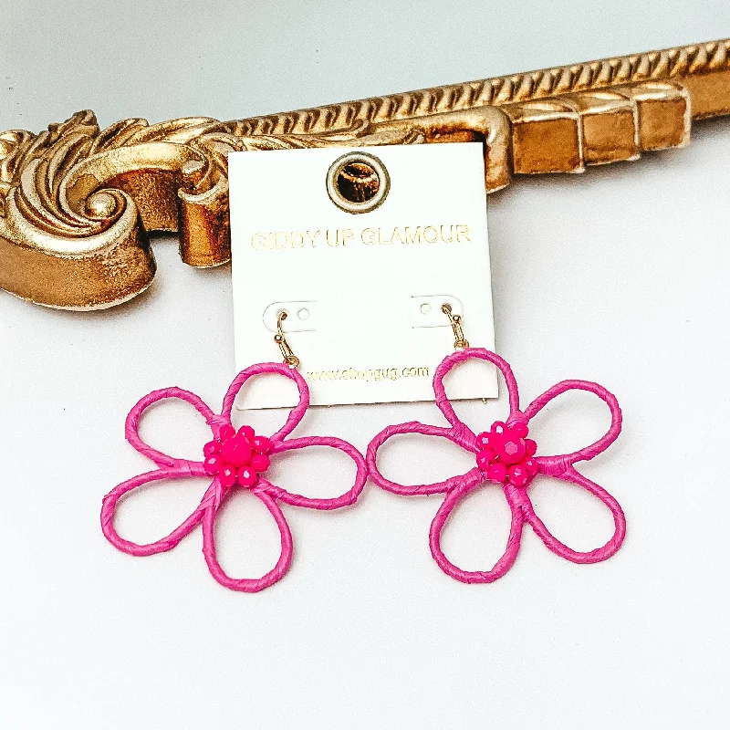 Best hoop earrings with enamel details for a colorful and modern look-Daisy Delight Raffia Wrapped Flower Earrings with Crystal Center in Fuchsia Pink