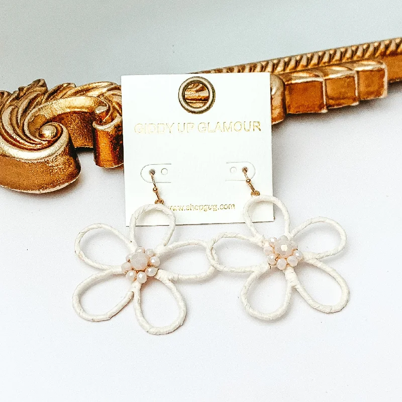 Best hoop earrings with cubic zirconia for a budget-friendly, dazzling look-Daisy Delight Raffia Wrapped Flower Earrings with Crystal Center in Ivory