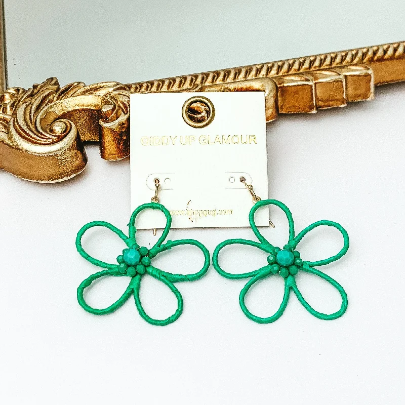 Hoop earrings with polished silver finish for a shiny, modern appeal-Daisy Delight Raffia Wrapped Flower Earrings with Crystal Center in Kelly Green