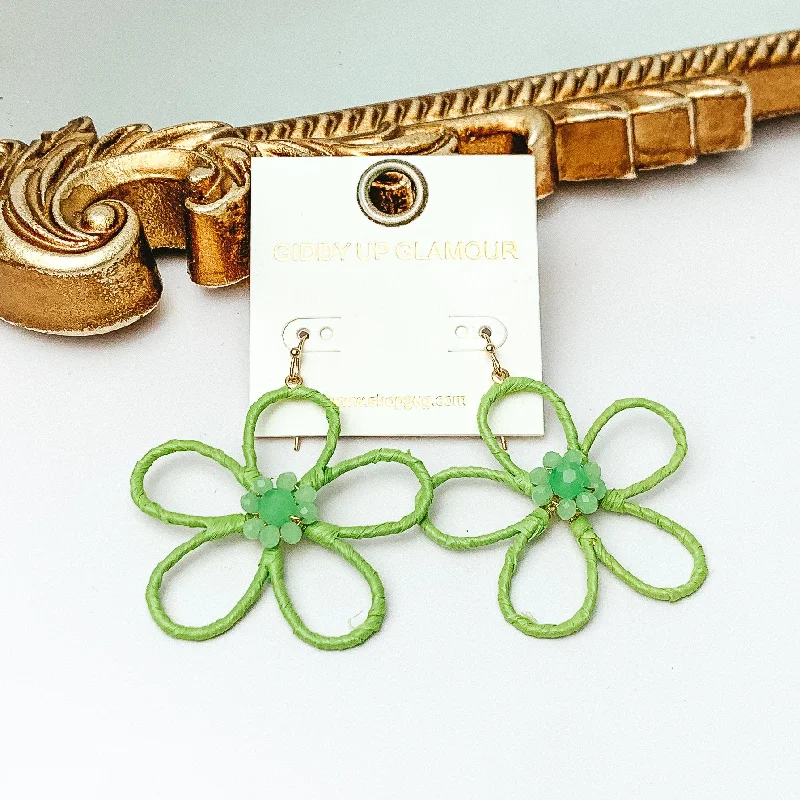 Best hoop earrings with gold for a luxurious and timeless look-Daisy Delight Raffia Wrapped Flower Earrings with Crystal Center in Pale Green