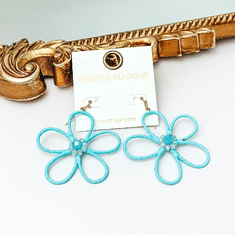 Large hoop earrings for a bold and statement-making fashion accessory-Daisy Delight Raffia Wrapped Flower Earrings with Crystal Center in Pale Turquoise