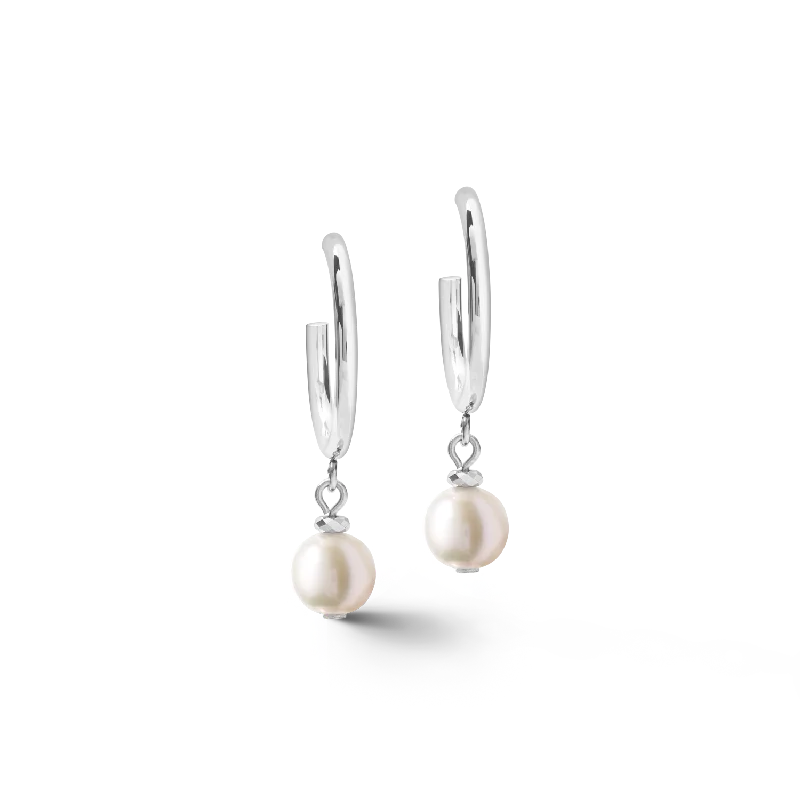 Hoop earrings with rhinestone-studded rims for a glamorous touch-Earrings Creole freshwater pearls & chunky chain 4-in-1 white-silver