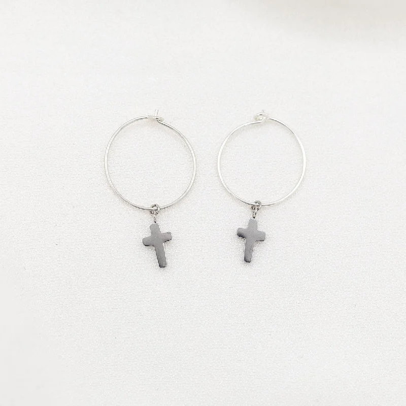 Hoop earrings with dangling charms for a playful and fun look-Faith Petite Cross Hoop Earrings