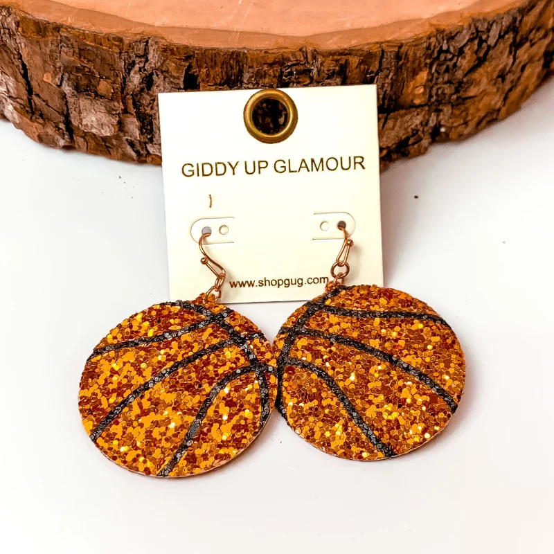 Hoop earrings with gold accents for a warm, elegant statement piece-Circle Drop Glitter Basketball Earrings in Orange