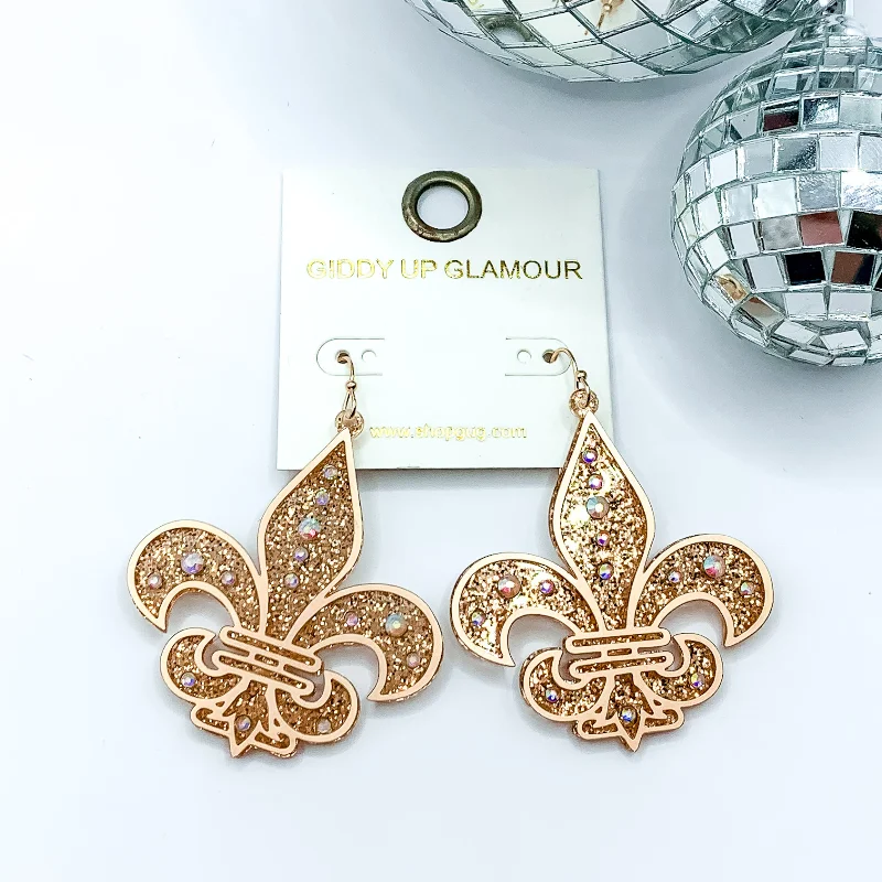 Hoop earrings with tortoiseshell designs for a chic and classic style-Glitter Fleur De Lis Earrings with AB Crystals in Gold Tone