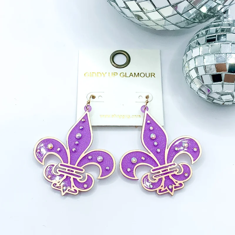 Hoop earrings with hearts for a sweet and romantic gesture-Glitter Fleur De Lis Earrings with AB Crystals in Purple