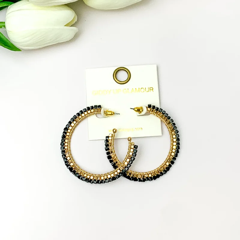 Best hoop earrings with intricate beaded details for a textured, stylish appearance-Gold Tone Beaded Hoop Earrings with a Black Crystal Outline