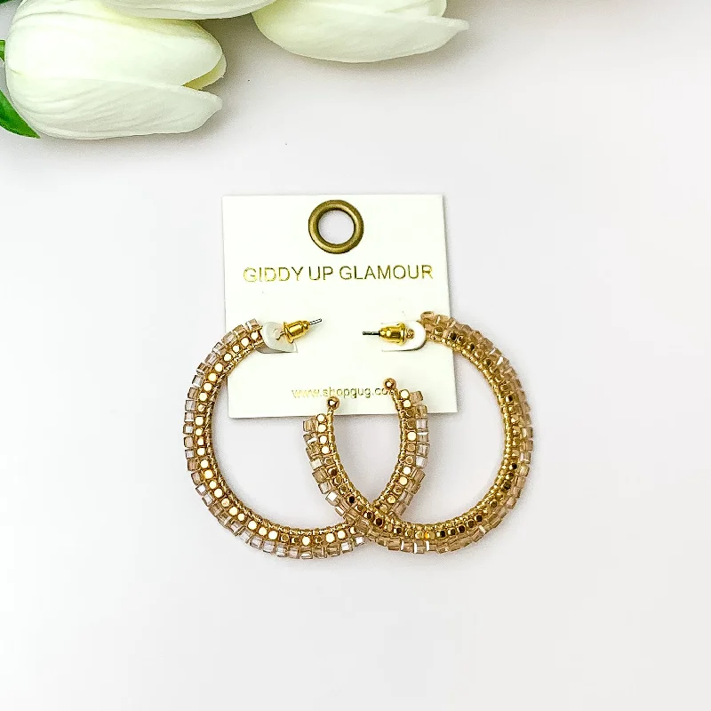 Hoop earrings with polished silver finish for a shiny, modern appeal-Gold Tone Beaded Hoop Earrings with a Champagne Crystal Outline