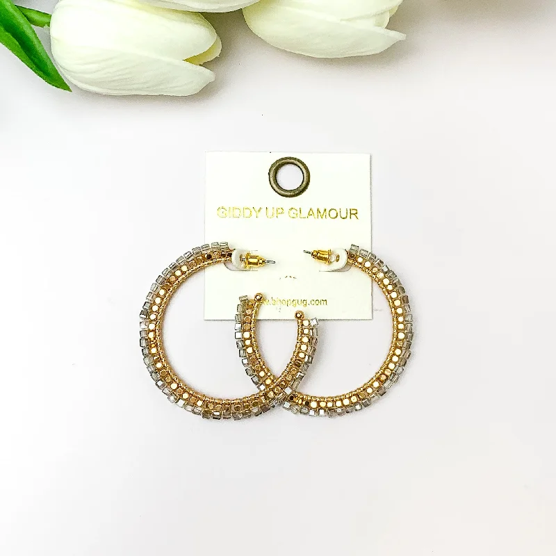 Classic hoop earrings with a thin profile for a sleek and subtle style-Gold Tone Beaded Hoop Earrings with a Grey Crystal Outline