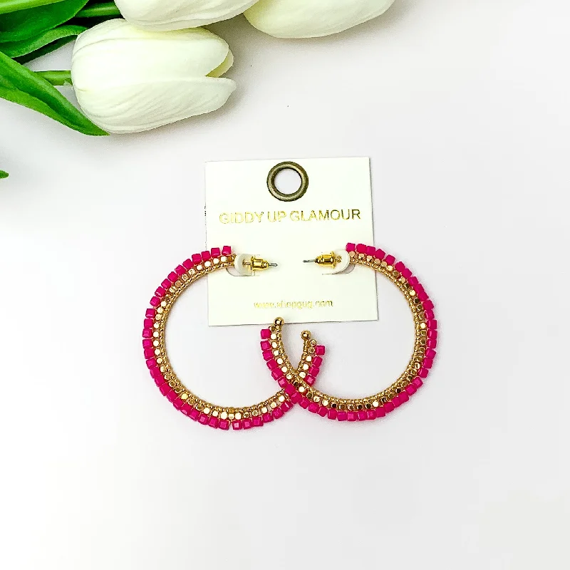 Hoop earrings with leather accents for a sleek and bold combination-Gold Tone Beaded Hoop Earrings with a Hot Pink Crystal Outline