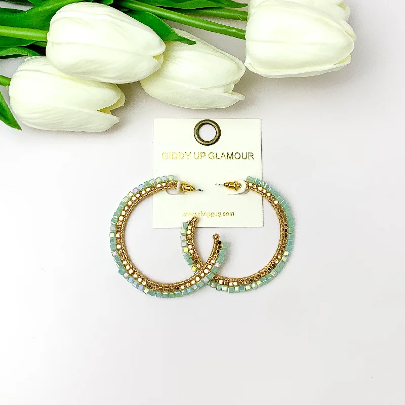 Stylish hoop earrings with diamond accents for an elegant and sparkling effect-Gold Tone Beaded Hoop Earrings with a Mint Crystal Outline