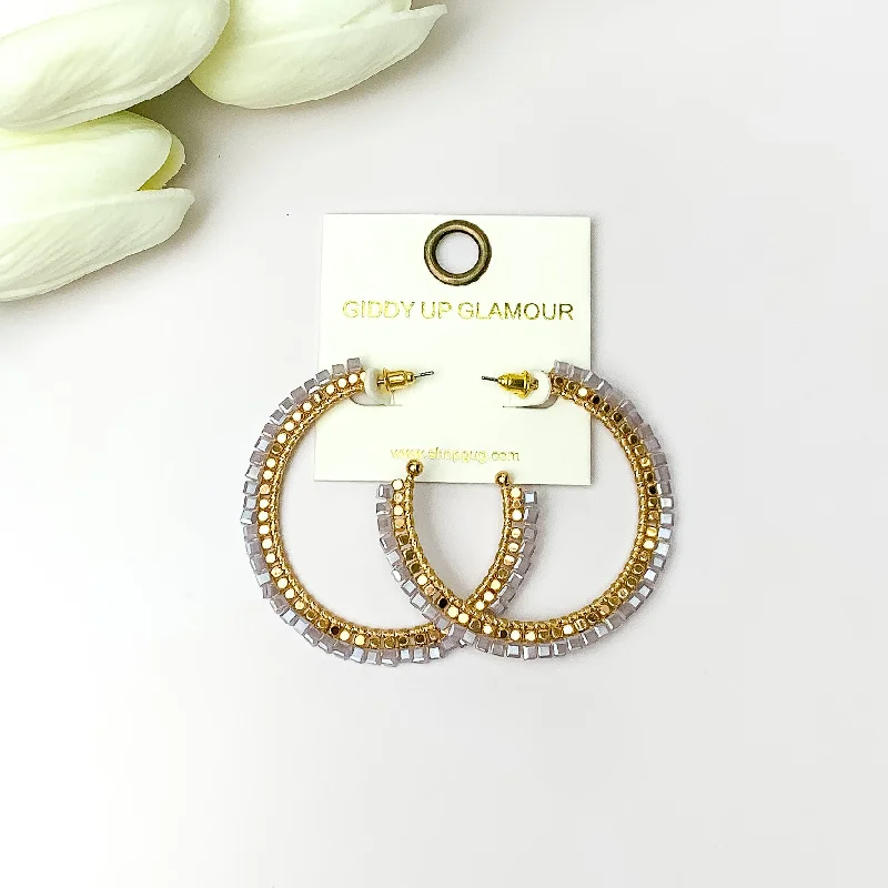 Best hoop earrings with geometric triangle shapes for a modern, chic design-Gold Tone Beaded Hoop Earrings with a Pale Lavender Crystal Outline