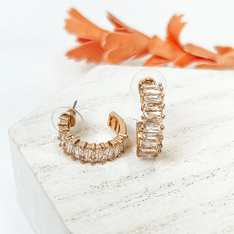 Best hoop earrings with minimalist designs for a clean and modern aesthetic-Gold Tone Hoop Earrings with Rectangle Clear Crystal Inlay